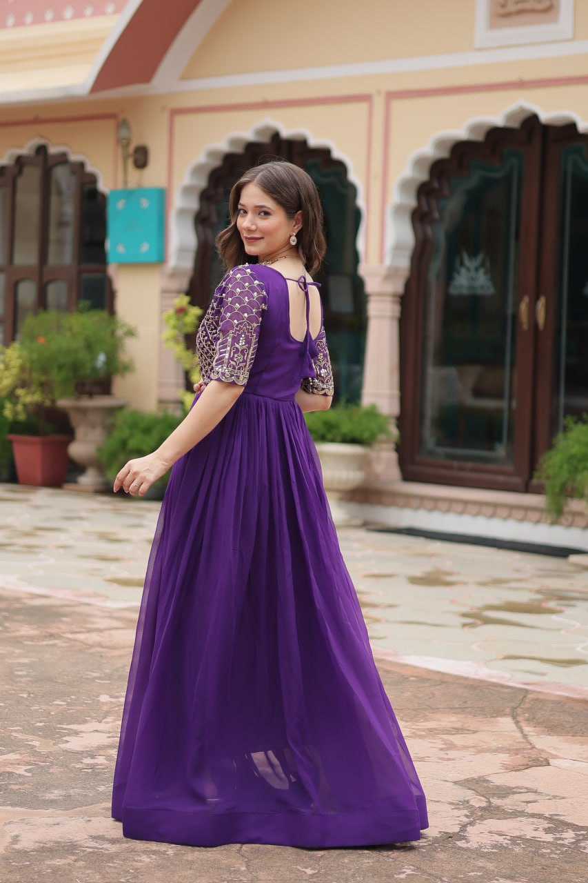 Purple Color Faux Blooming with Embroidery Zari Sequins Work Gown