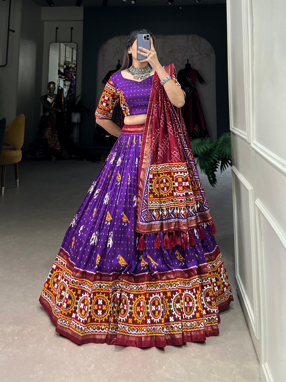 Purple Color Tussar Silk Patola Print With Gamthi Work Lace And Foil Work Navratri Lehenga Choli