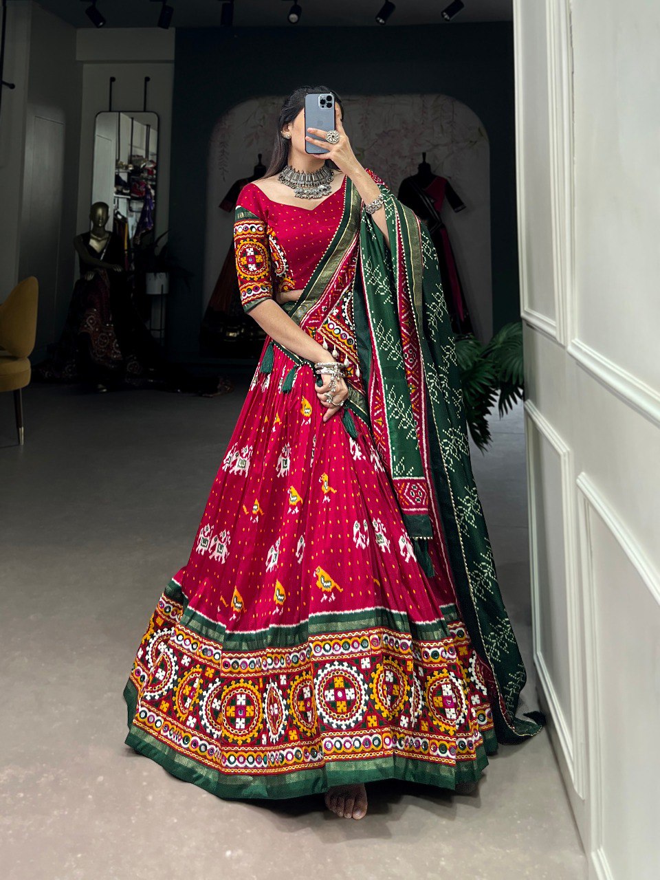 Red Color Tussar Silk Patola Print With Gamthi Work Lace And Foil Work Navratri Lehenga Choli