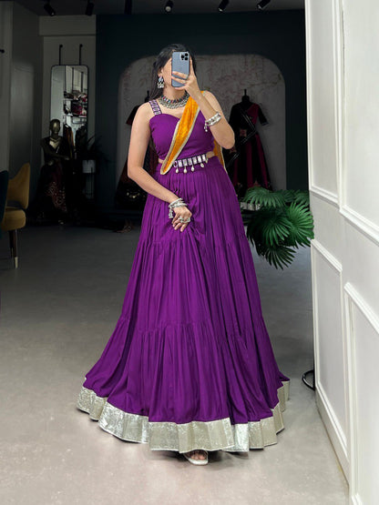 Purple Color Pure Rayon Plain With Embossed Design Gota Lace Border Navratri Lehenga Choli