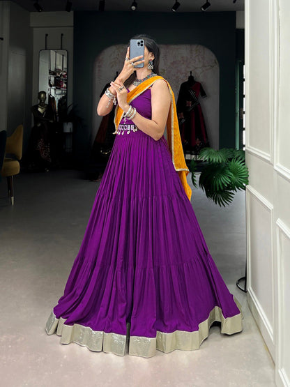 Purple Color Pure Rayon Plain With Embossed Design Gota Lace Border Navratri Lehenga Choli