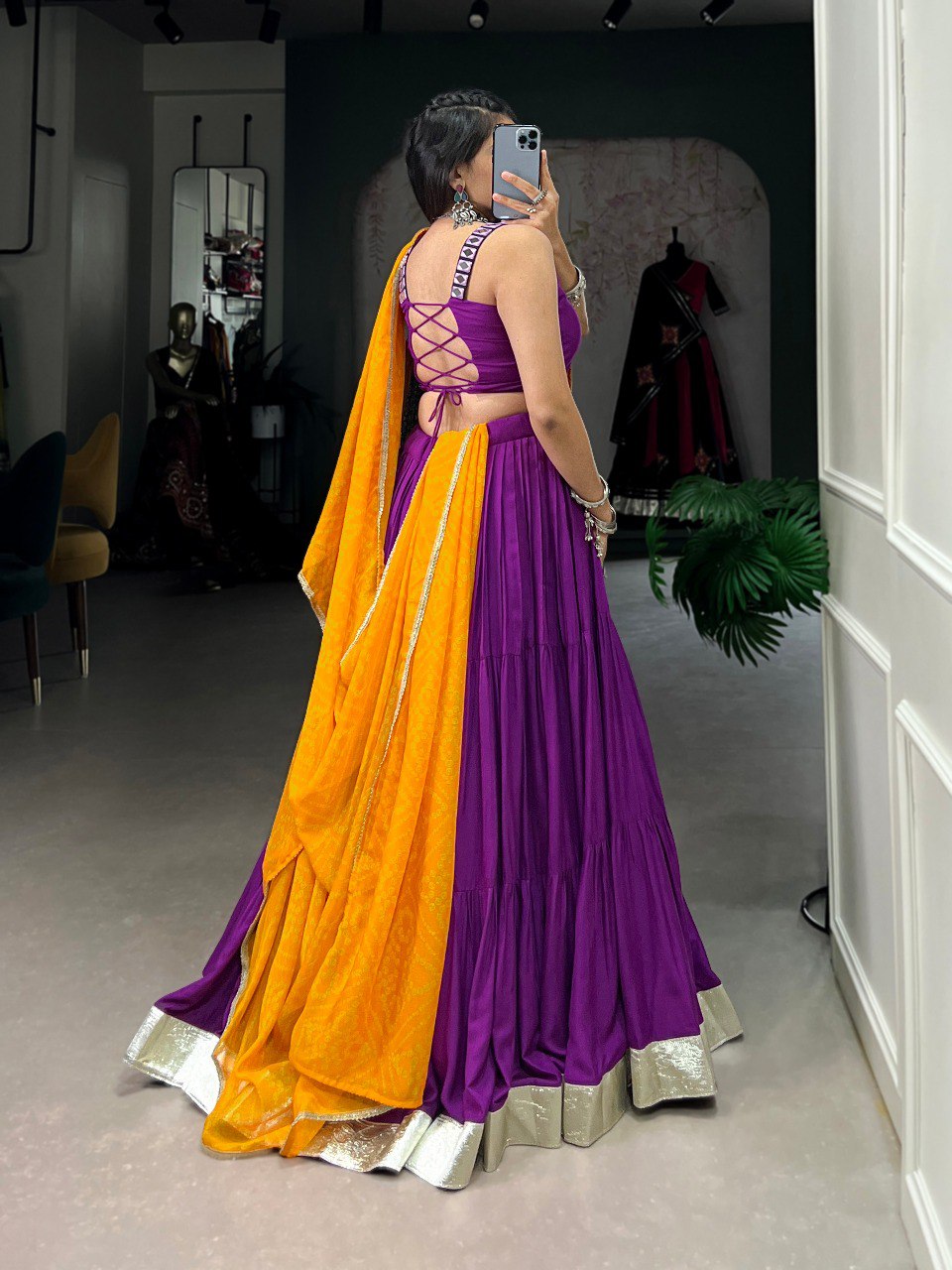 Purple Color Pure Rayon Plain With Embossed Design Gota Lace Border Navratri Lehenga Choli