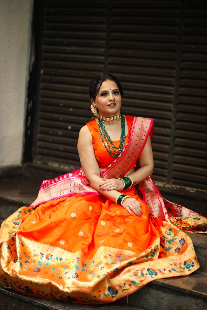 Orange Color Silk Paithani Weaving Zari Work Lehenga Choli