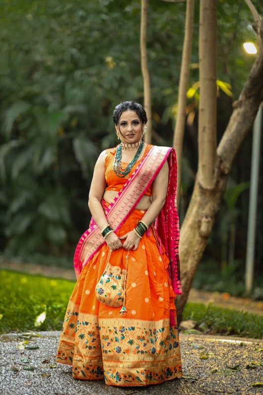 Orange Color Silk Paithani Weaving Zari Work Lehenga Choli