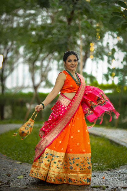 Orange Color Silk Paithani Weaving Zari Work Lehenga Choli