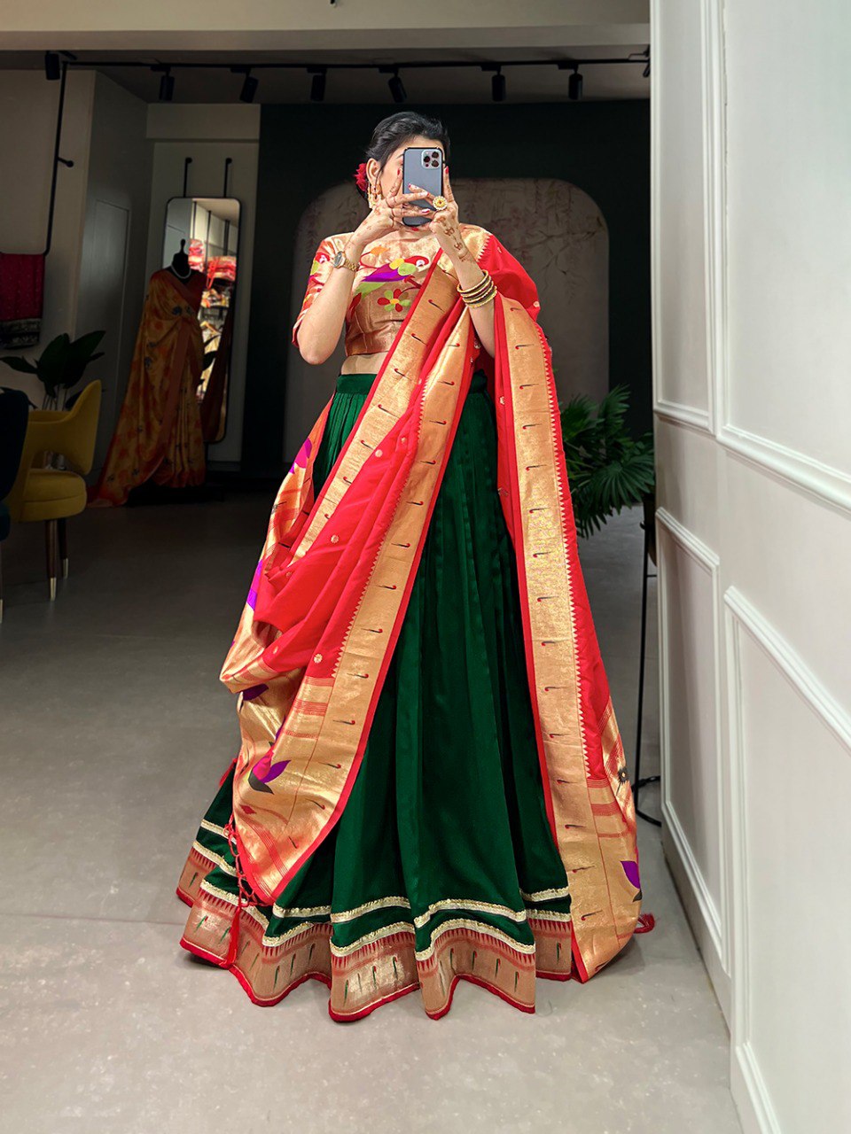 Green Color Vichitra Silk Plain With Paithani Lace Border Lehenga Choli