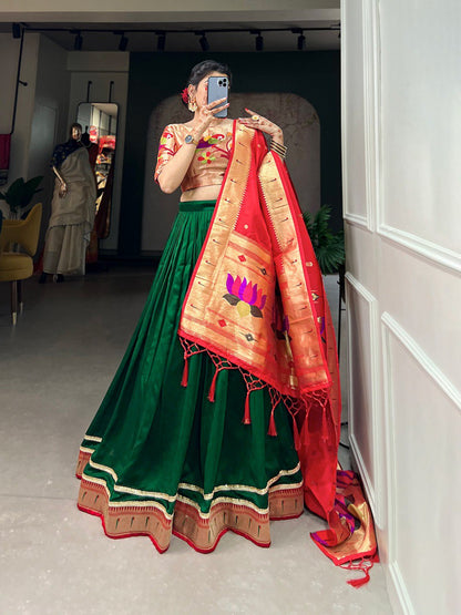 Green Color Vichitra Silk Plain With Paithani Lace Border Lehenga Choli