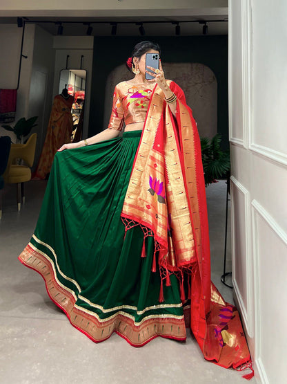 Green Color Vichitra Silk Plain With Paithani Lace Border Lehenga Choli