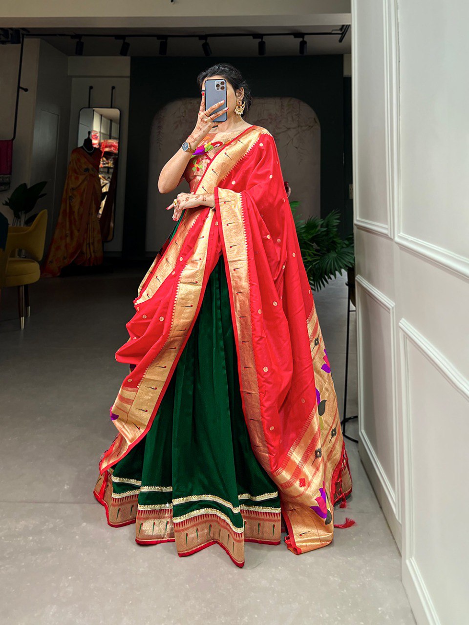 Green Color Vichitra Silk Plain With Paithani Lace Border Lehenga Choli