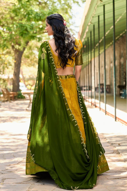 Yellow Color Kanjivaram Zari Weaving Work Lehenga Choli