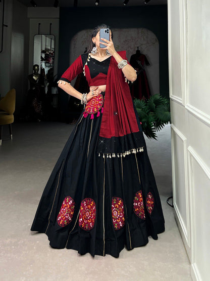 Black Color Pure Cotton Plain And Gamthi Patch Work With Gota Patti Navratri Lehenga Choli