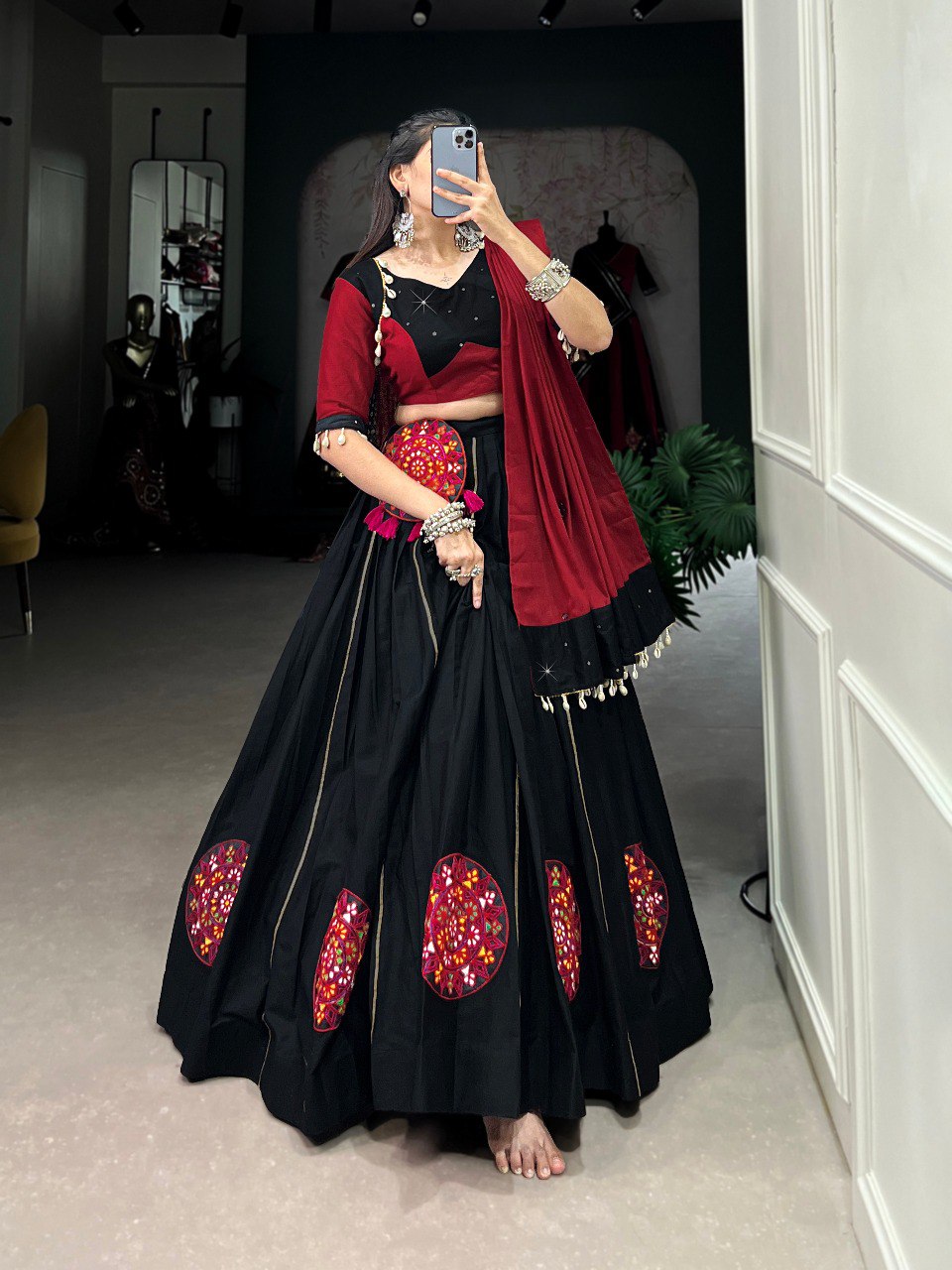 Black Color Pure Cotton Plain And Gamthi Patch Work With Gota Patti Navratri Lehenga Choli