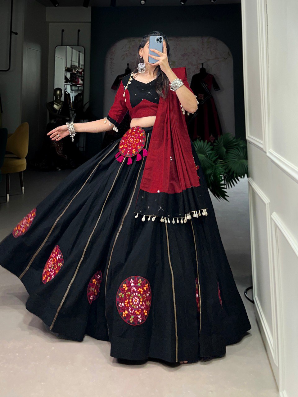 Black Color Pure Cotton Plain And Gamthi Patch Work With Gota Patti Navratri Lehenga Choli