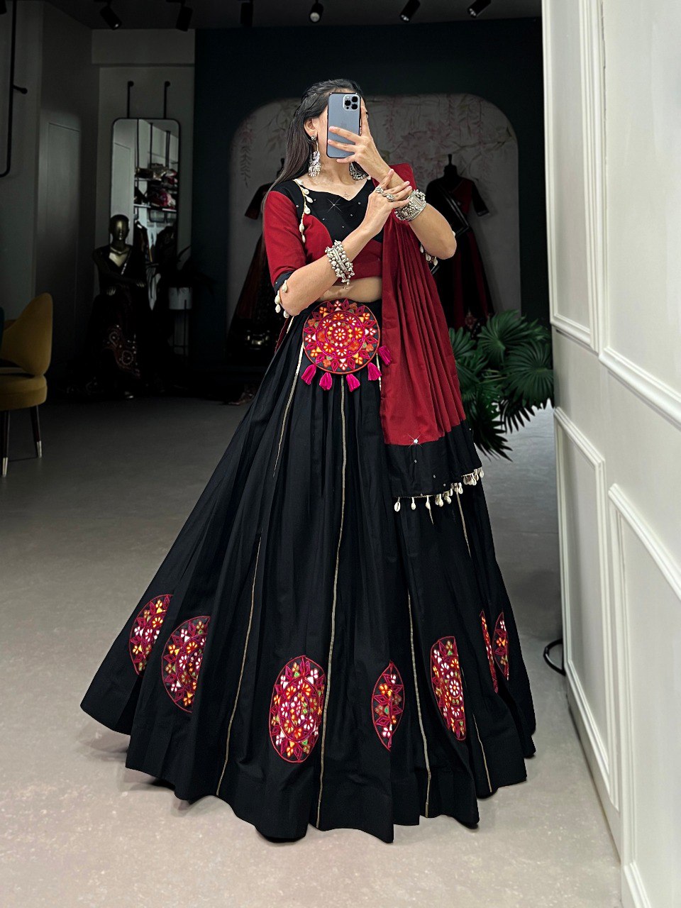 Black Color Pure Cotton Plain And Gamthi Patch Work With Gota Patti Navratri Lehenga Choli