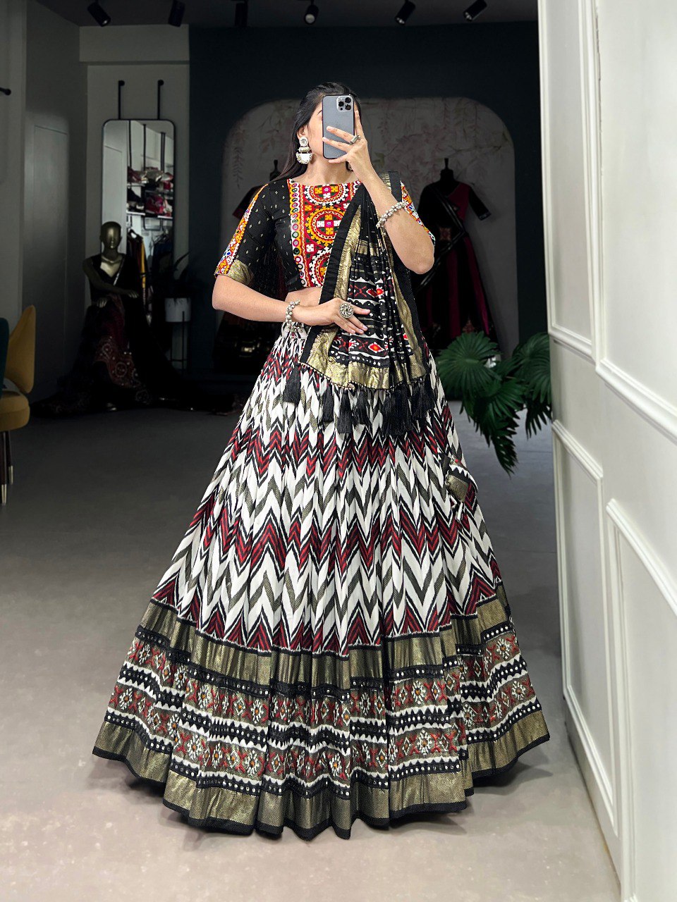 Black Color Tussar Silk Leheriya With Foil Print And Paper Mirror Work Navratri Lehenga Choli