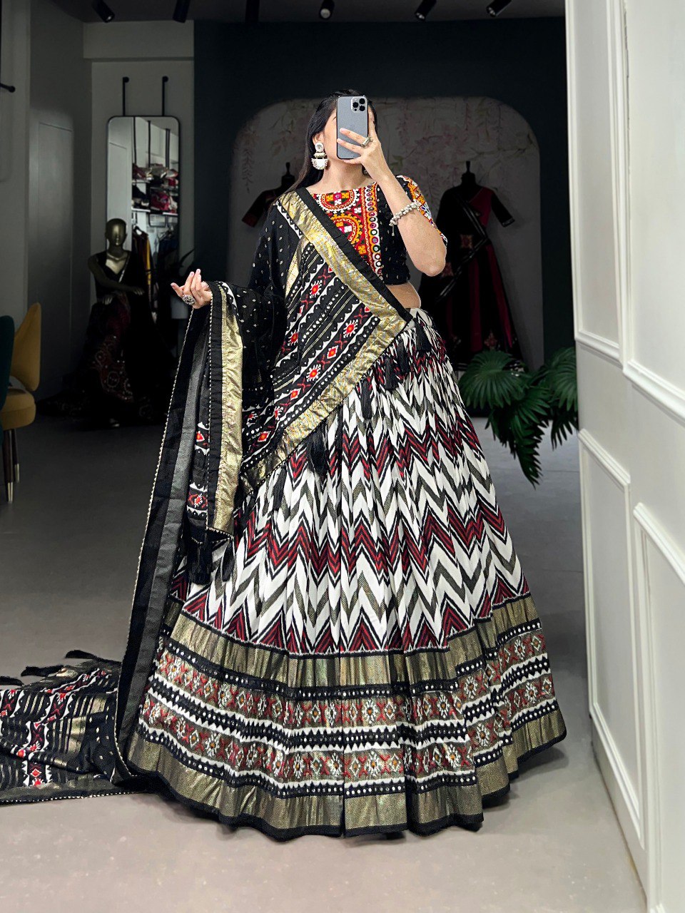 Black Color Tussar Silk Leheriya With Foil Print And Paper Mirror Work Navratri Lehenga Choli