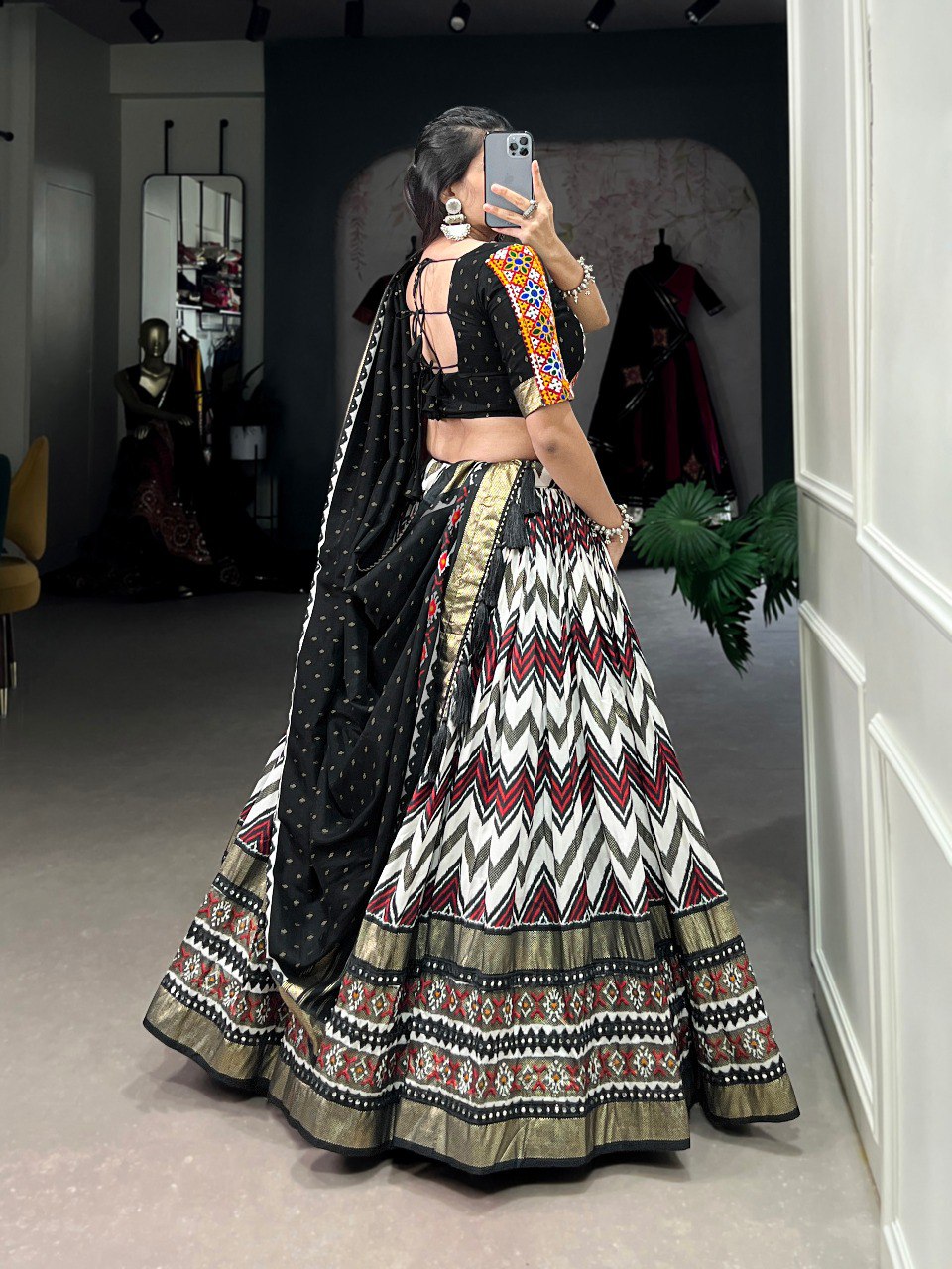 Black Color Tussar Silk Leheriya With Foil Print And Paper Mirror Work Navratri Lehenga Choli