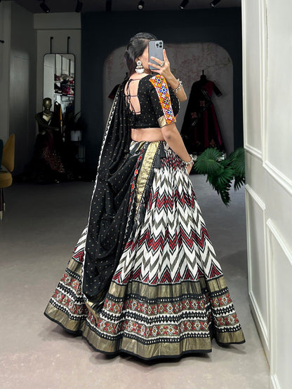 Black Color Tussar Silk Leheriya With Foil Print And Paper Mirror Work Navratri Lehenga Choli