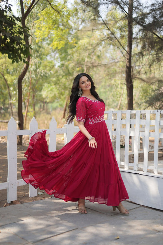 Pink Color Faux Blooming with Beads Embroidery Work Gown