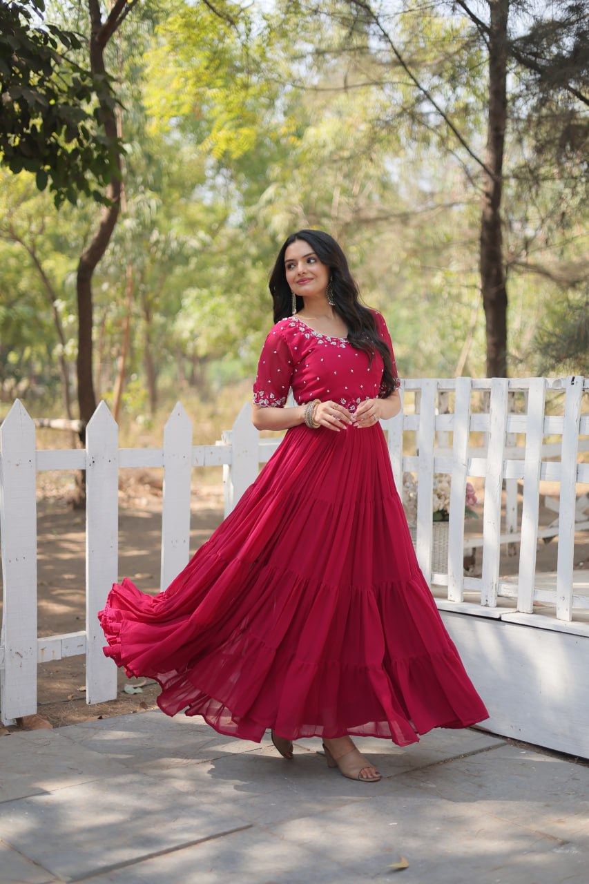 Pink Color Faux Blooming with Beads Embroidery Work Gown