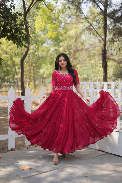 Pink Color Faux Blooming with Beads Embroidery Work Gown