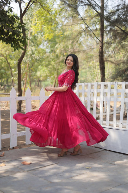 Pink Color Faux Blooming with Beads Embroidery Work Gown