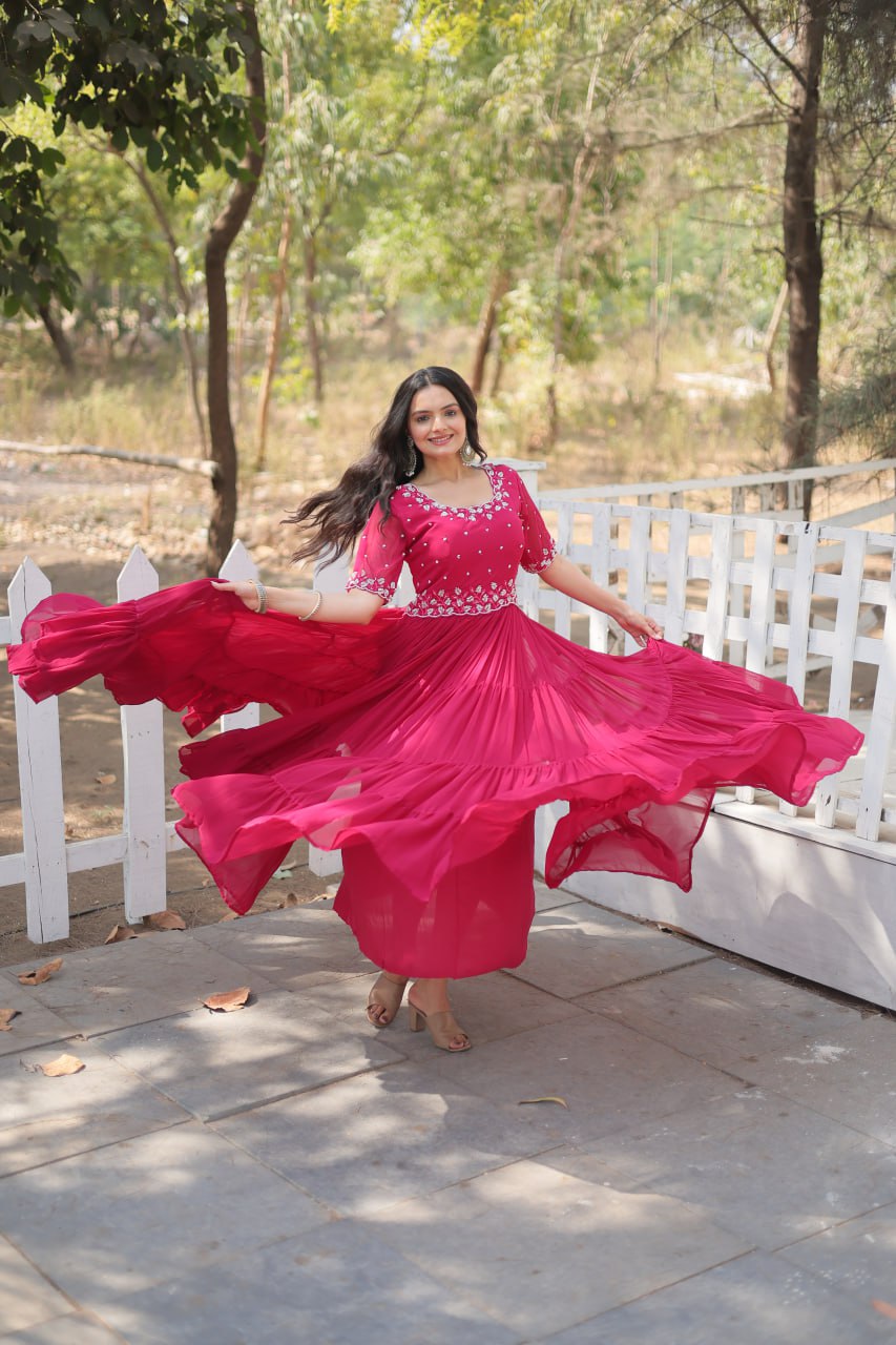 Pink Color Faux Blooming with Beads Embroidery Work Gown