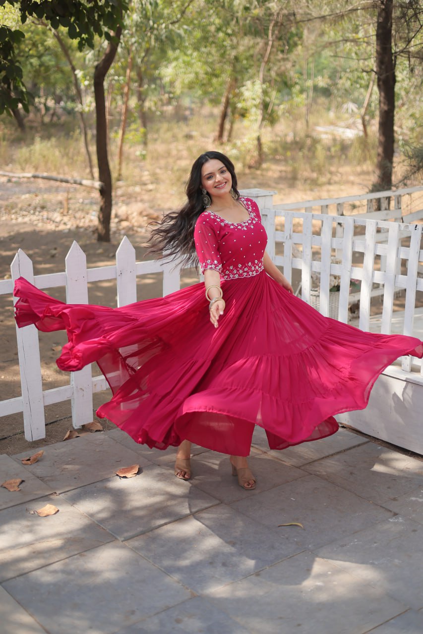 Pink Color Faux Blooming with Beads Embroidery Work Gown