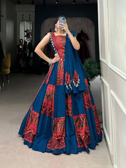 Blue Color Pure Cotton Plain And Printed With Foil Work Navratri Lehenga Choli