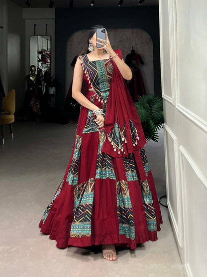 Maroon Color Pure Cotton Plain And Printed With Foil Work Navratri Lehenga Choli