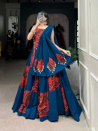 Blue Color Pure Cotton Plain And Printed With Foil Work Navratri Lehenga Choli