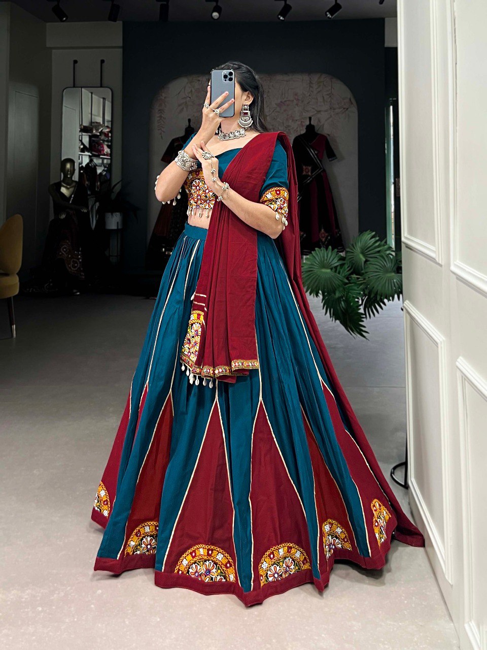 Teal Color Pure Cotton Plain And Gamthi Patch Work With Gota Patti Navratri Lehenga Choli