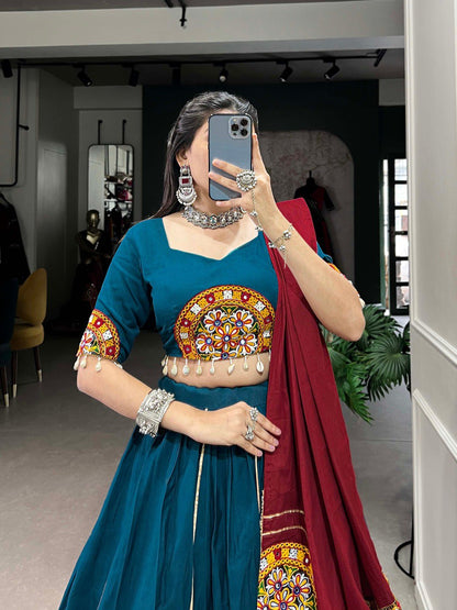 Teal Color Pure Cotton Plain And Gamthi Patch Work With Gota Patti Navratri Lehenga Choli