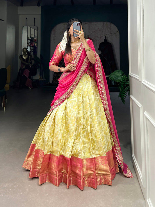 Mustard Color Jacquard Silk Zari weaving Work Lehenga Choli