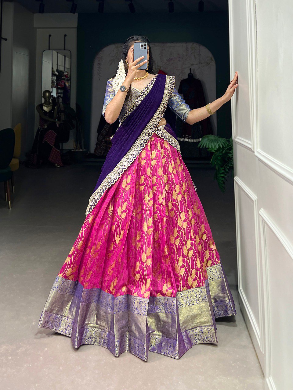 Pink Color Jacquard Silk Zari Weaving Work Lehenga Choli