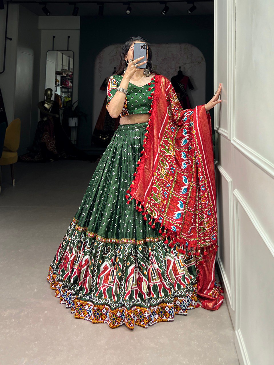 Green Color Dola Silk Patola Print With Gamthi Work Navratri Lehenga Choli