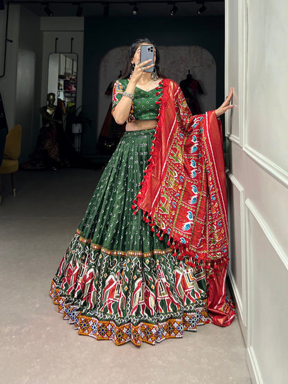 Green Color Dola Silk Patola Print With Gamthi Work Navratri Lehenga Choli