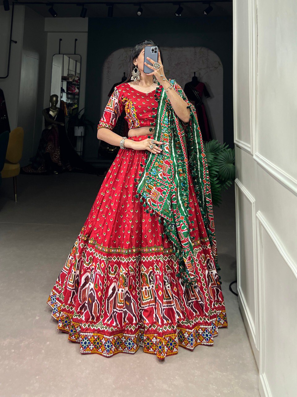 Red Color Dola Silk Patola Print With Gamthi Work Navratri Lehenga Choli