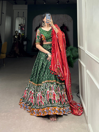 Green Color Dola Silk Patola Print With Gamthi Work Navratri Lehenga Choli