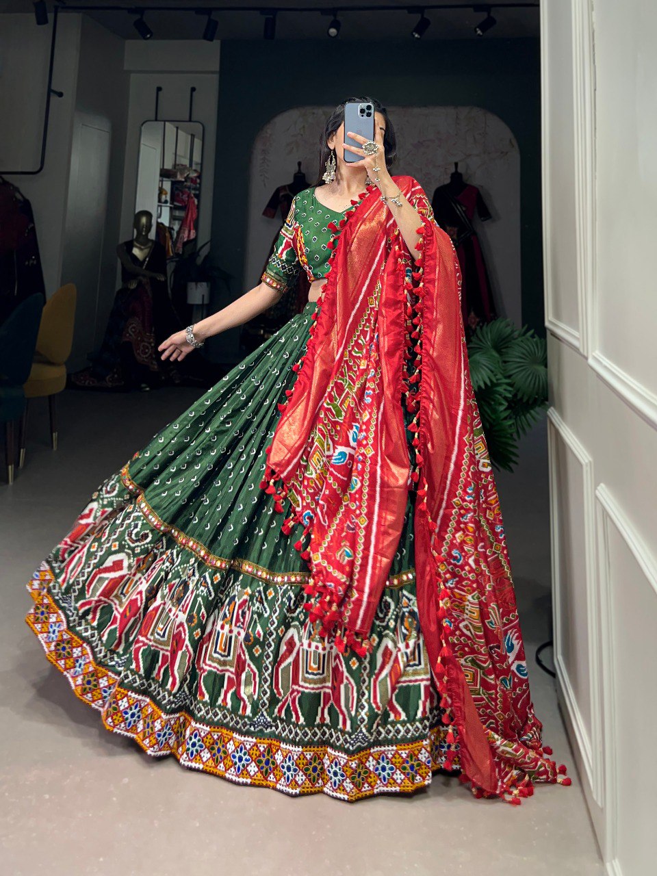 Green Color Dola Silk Patola Print With Gamthi Work Navratri Lehenga Choli