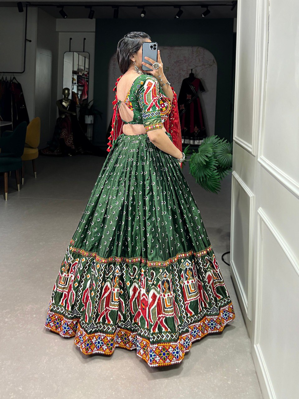 Green Color Dola Silk Patola Print With Gamthi Work Navratri Lehenga Choli