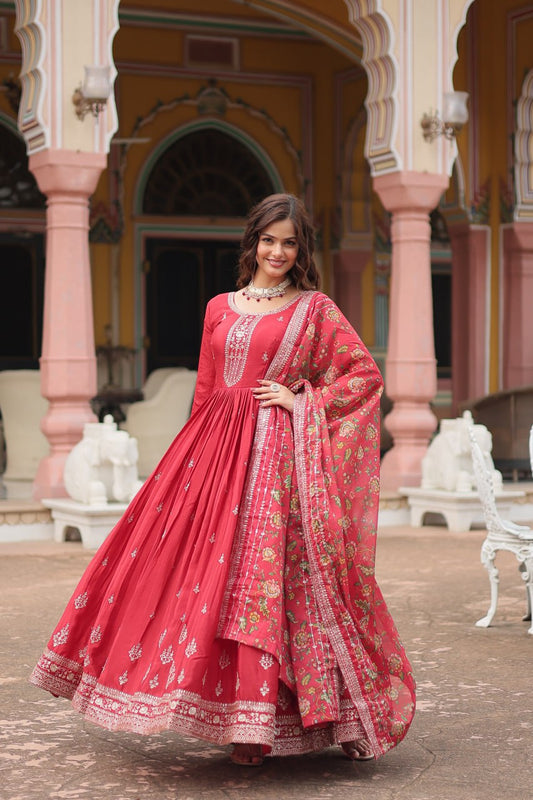 Maroon Color Chinon With Rich Sequins Embroidered Work Gown