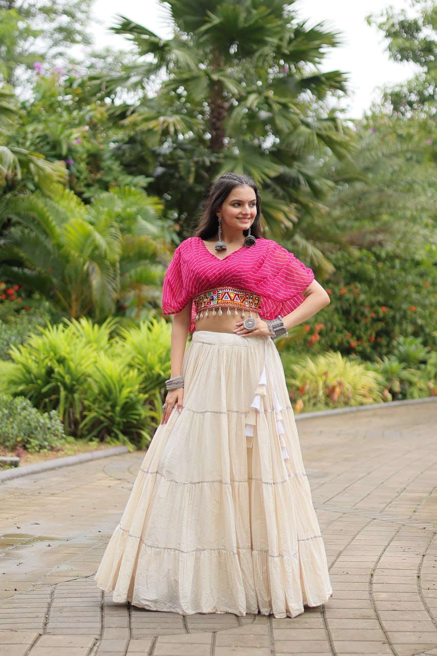 Pink Color Kora Cotton With Standard Frill Stitching Full Stitched Navratri Lehenga Choli