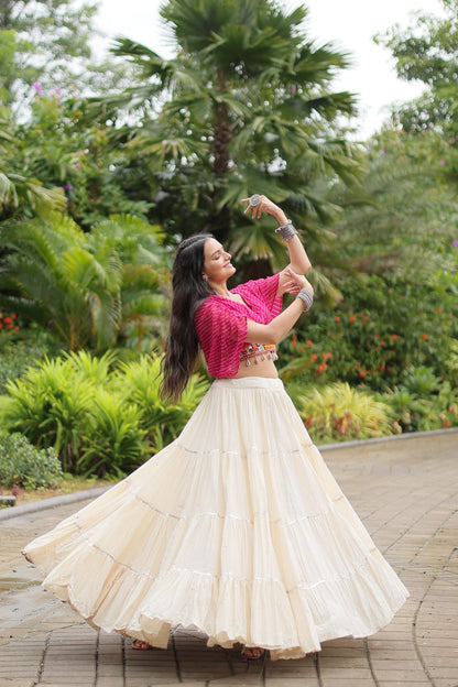 Pink Color Kora Cotton With Standard Frill Stitching Full Stitched Navratri Lehenga Choli