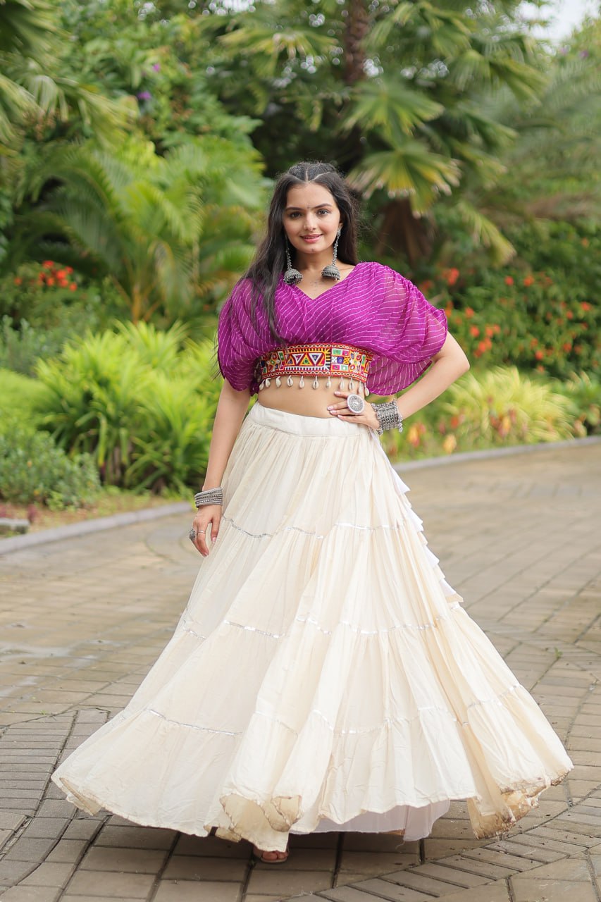 Purple Color Kora Cotton With Standard Frill Stitching Full Stitched Navratri Lehenga Choli