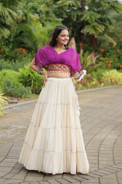 Purple Color Kora Cotton With Standard Frill Stitching Full Stitched Navratri Lehenga Choli