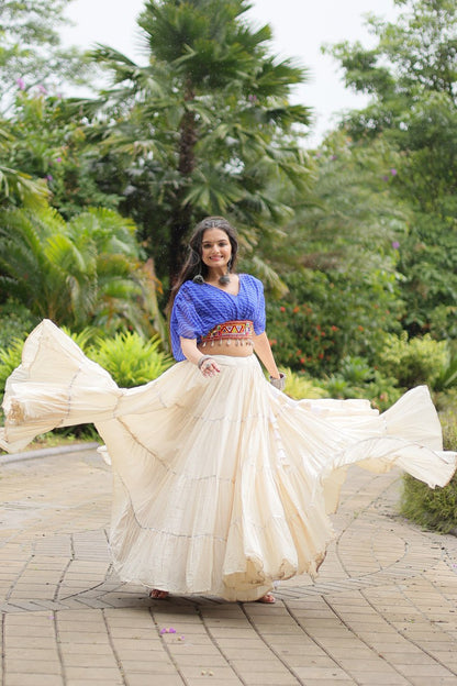 Blue Color Kora Cotton With Standard Frill Stitching Full Stitched Navratri Lehenga Choli