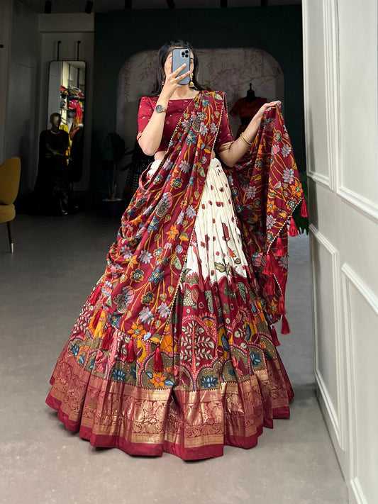 Off White Color Tussar Silk Kalamkari Print With Foil Work Border Lehenga Choli