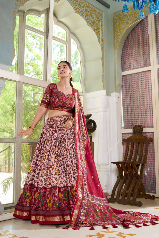 Maroon Colour Tussar Silk Floral Print With Foil Print Lehenga Choli