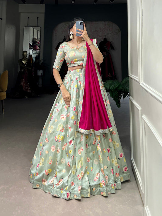 Off White Color Tussar Silk Floral Print Stitched With Canvas Lehenga Choli